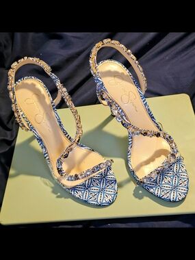 Jessica Simpson Blue Tile Print Jeweled Slingback Sandals